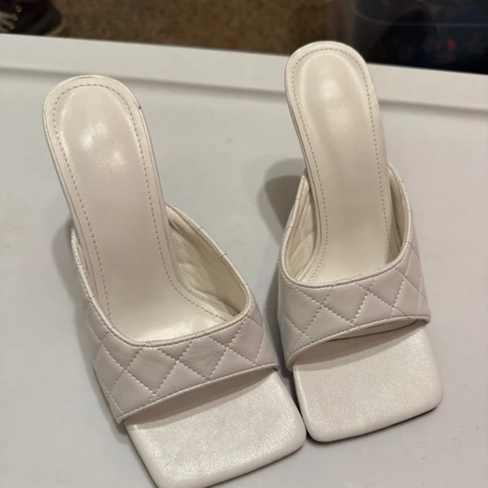 Quilted Square-Toe White Slip-On Heels